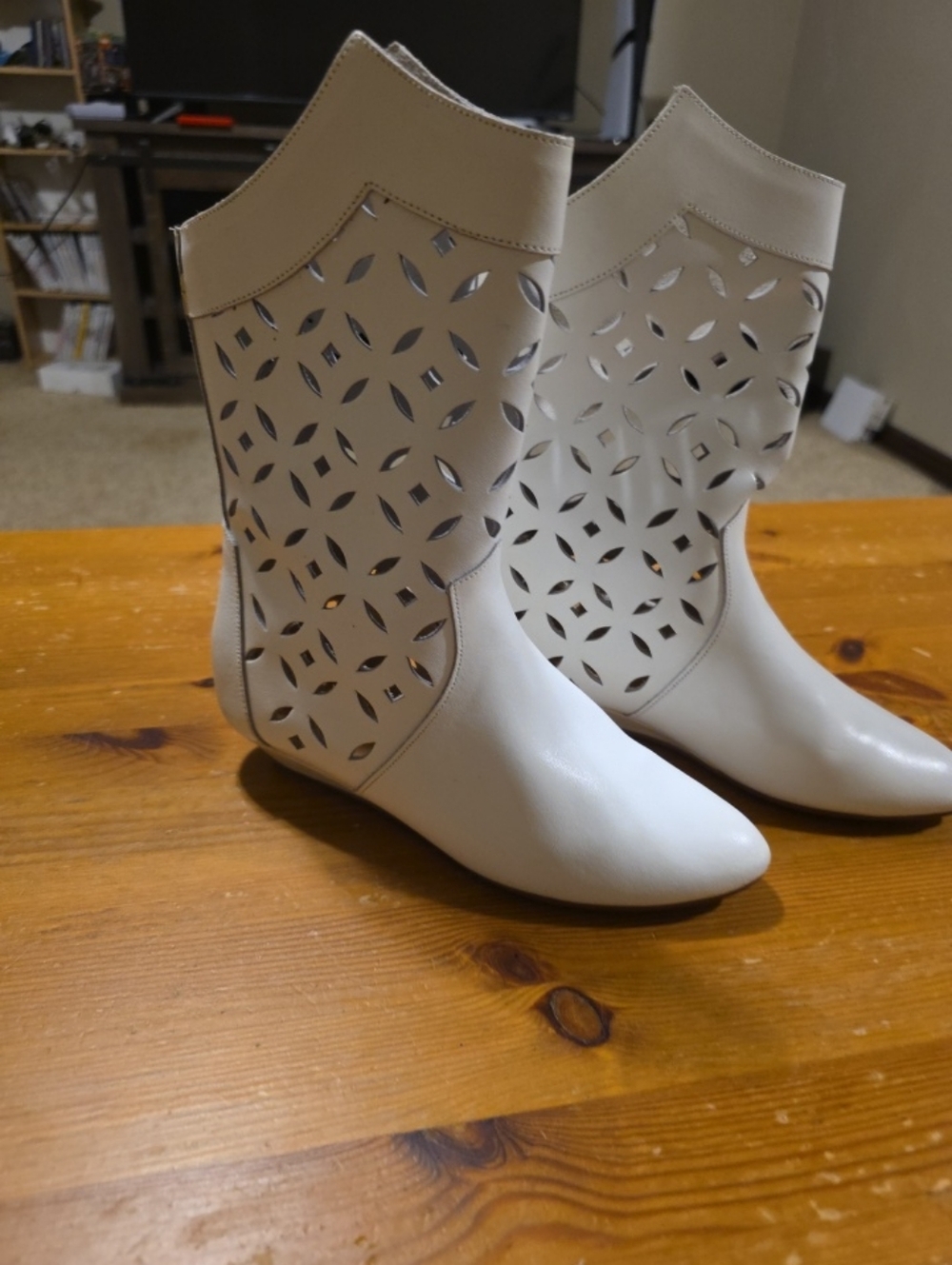 Vintage Women's White Cutout Mid-Calf Boots